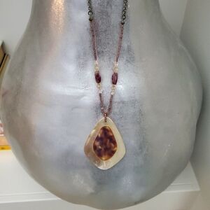 Gorgeous Davinci- Mother of Pearl, tortoise shell inlay necklace, stamped